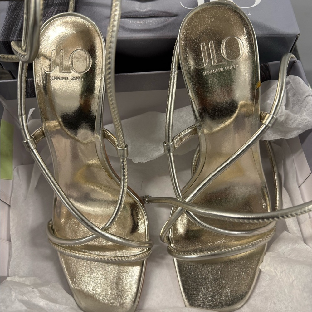 Jennifer Lopez Gold Strappy Square Toe Heels